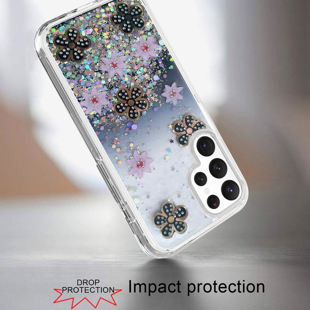 For Samsung Galaxy S22 Ultra Floral Stylish Design Glitter Shiny Hybrid Rubber TPU Hard PC Shockproof Armor Slim Fit  Phone Case Cover