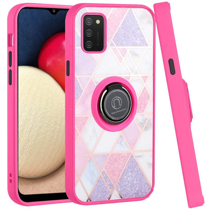 For Samsung Galaxy A02S Unique Marble Design with Magnetic Ring Kickstand Holder Hybrid TPU Hard PC Armor Shockproof  Phone Case Cover