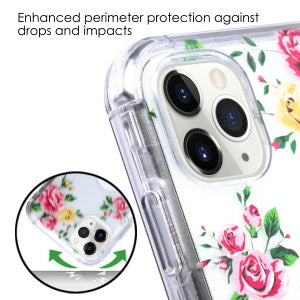 For Apple iPhone 11 Pro Hybrid Dual Layer Transparent Flower Design Hard PC Cases Shockproof TPU Rugged Pink Roses Phone Case Cover