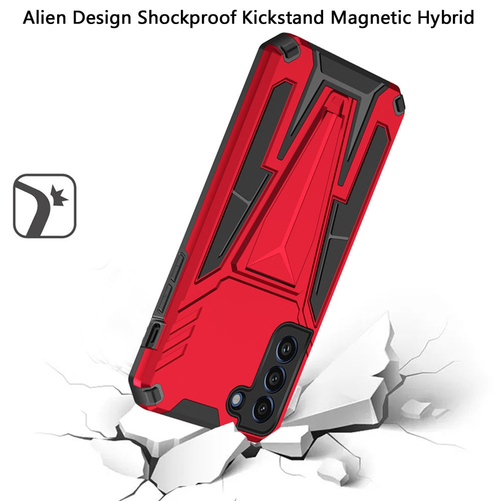 For Samsung Galaxy S22 Hybrid Armor Rugged with Kickstand, Supports Magnetic Car Mount Dual Layer Hard PC Protective Red Phone Case Cover