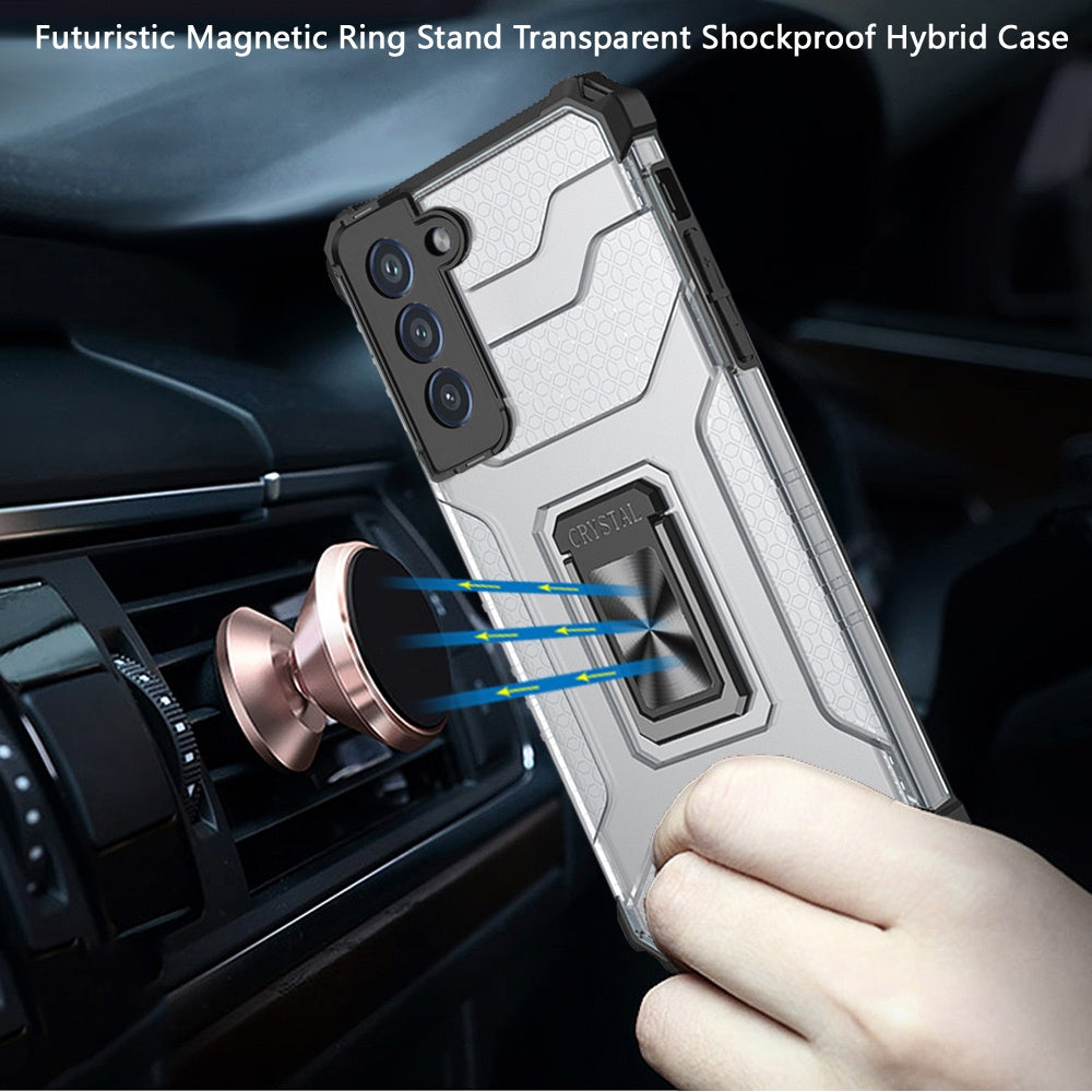 For Samsung Galaxy S21 FE /Fan Edition Transparent 360 Rotation Built-in Magnetic Ring Kickstand Holder Hybrid Rugged Armor Bumper  Phone Case Cover