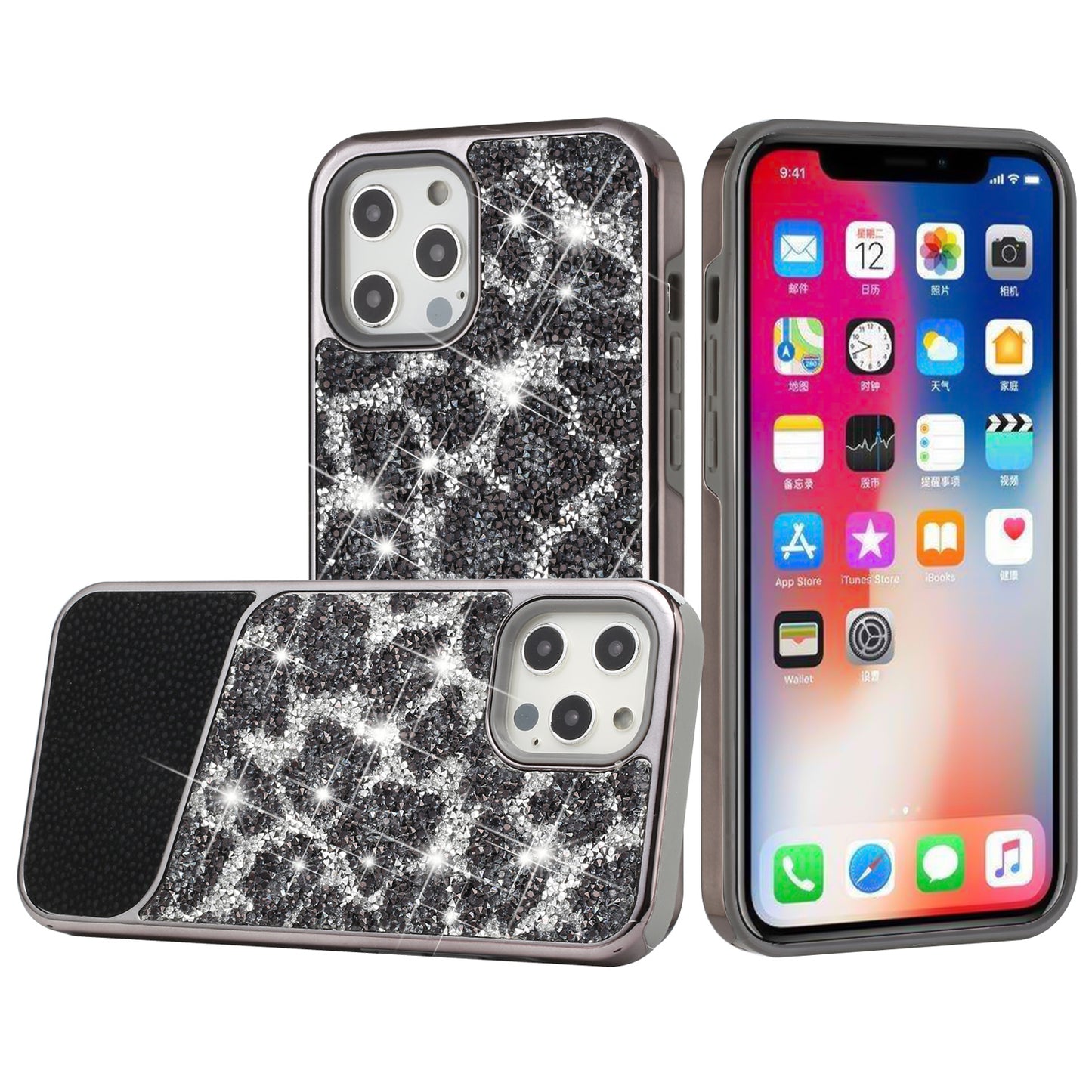 For Apple iPhone 11 (6.1") Bling Animal Skin Design Glitter Hybrid Thick TPU Shiny Protective Rubber Frame  Phone Case Cover