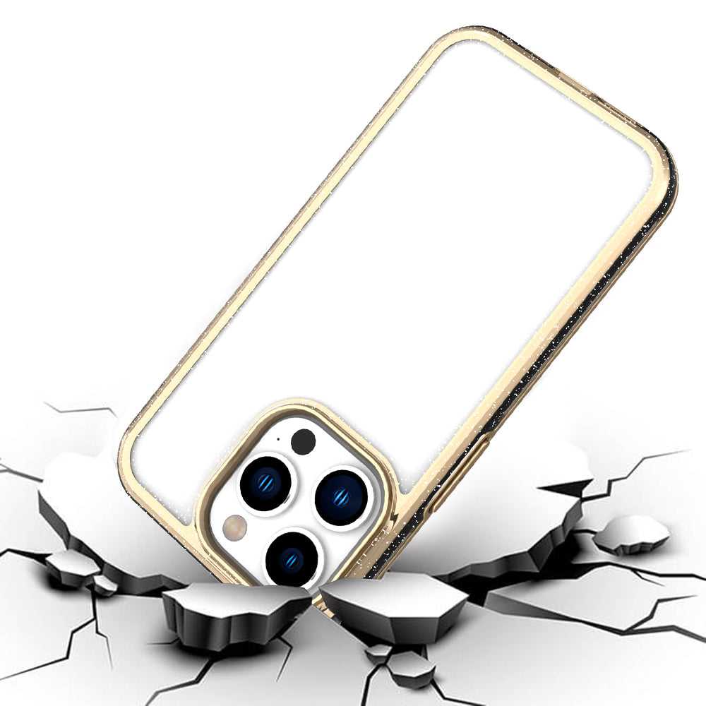 For Apple iPhone 11 (6.1") Electroplated Gold Frame Glitter Bling Transparent Hybrid Hard PC Rubber Shockproof  Phone Case Cover