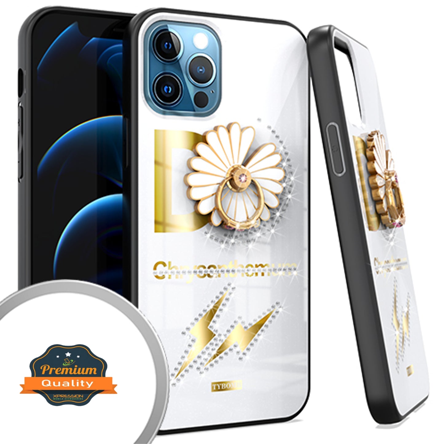 For Apple iPhone 13 / Pro Max Elegant Rhinestone 3D Diamond Bling Glitter with Ring Stand Kickstand Plating Hard Back Rugged  Phone Case Cover