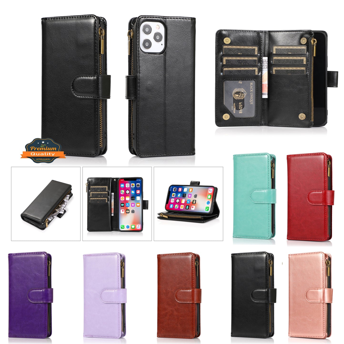 For Samsung A03 Core Leather Zipper Wallet Case 9 Credit Card Slots Cash Money Pocket Clutch Pouch Stand and Strap  Phone Case Cover