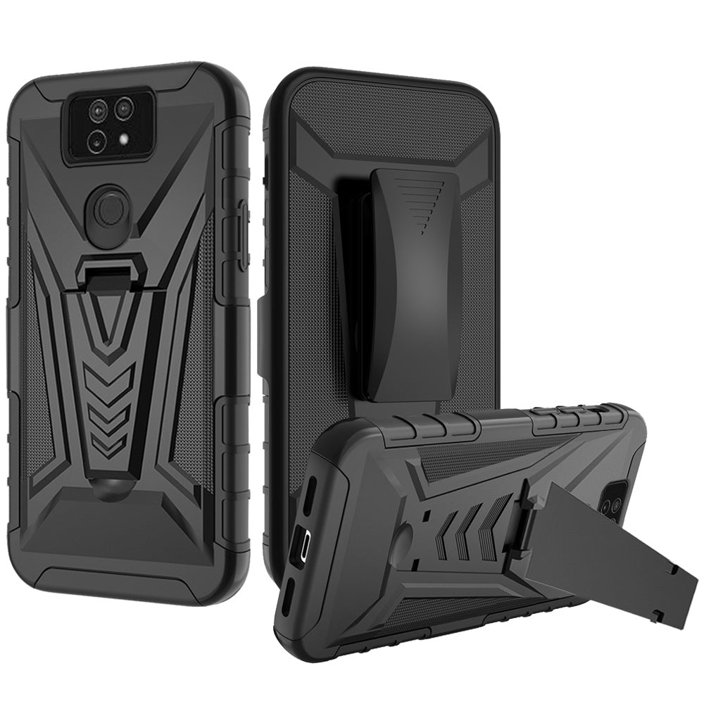 For Cricket Ovation 2 Premium 3 in 1 Rugged Swivel Belt Clip Holster Heavy Duty Tuff Hybrid Armor Rubber TPU with Kickstand Stand Black Phone Case Cover