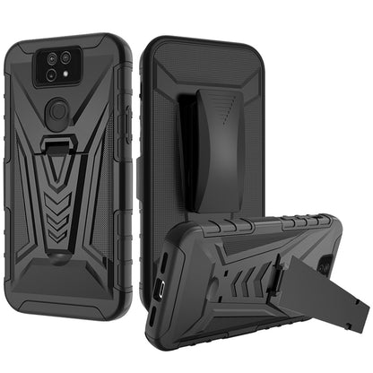 For Cricket Ovation 2 Premium 3 in 1 Rugged Swivel Belt Clip Holster Heavy Duty Tuff Hybrid Armor Rubber TPU with Kickstand Stand Black Phone Case Cover