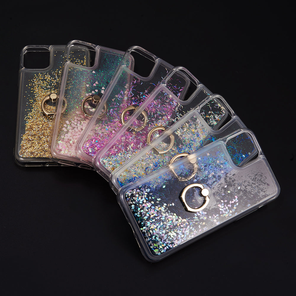 For Apple iPhone 14 /Plus Pro Max Hybrid Glitter Bling Sparkling Liquid Quicksand Sparkle TPU PC with Ring Stand Holder  Phone Case Cover