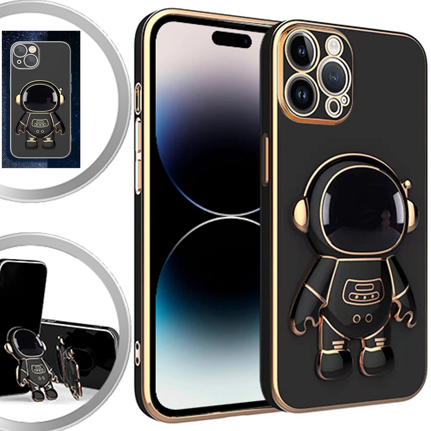 For Apple iPhone 13 /6.1" Astronaut Hidden Stand Holder Plating Hybrid Electroplated Bumper Shockproof Armor Cute  Phone Case Cover