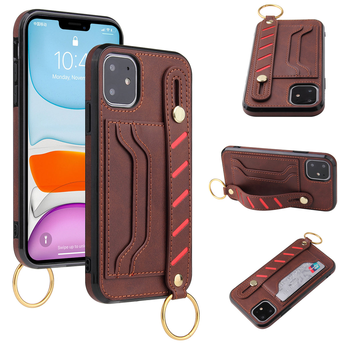 For Apple iPhone 14 /Plus Pro Max Vegan Leather Multi-Functional Credit Cards Slot with Wrist Strap Stand Pocket  Phone Case Cover
