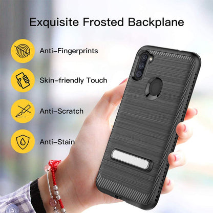 For Apple iPhone 13 (6.1") Slim Brushed Hybrid Shock-Absorption Armor Edged Carbon Fiber with Metal Kickstand Rugged Texture  Phone Case Cover