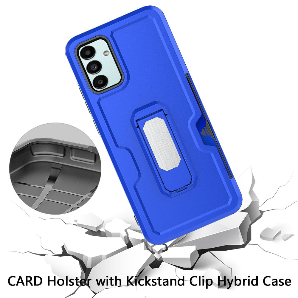 For Apple iPhone 14 (6.1") Armor Belt Clip with Credit Card Holder ID Slot, Holster, Kickstand Protective Heavy Duty Hybrid Blue Phone Case Cover