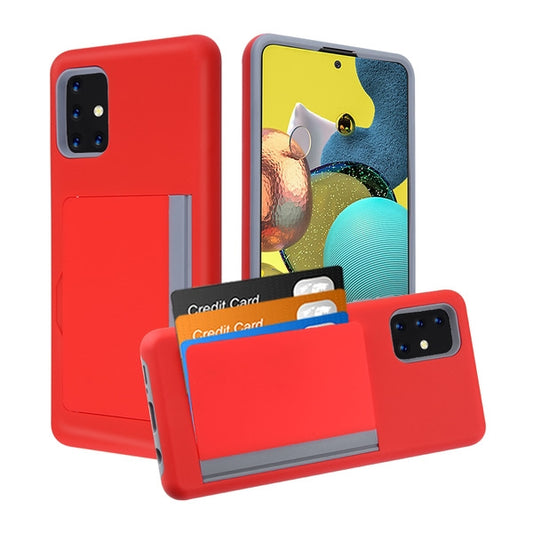 For Samsung Galaxy A51 5G Credit Card Wallet Back Storage Invisible Pocket Dual Layer Hard PC TPU Hybrid Red Phone Case Cover