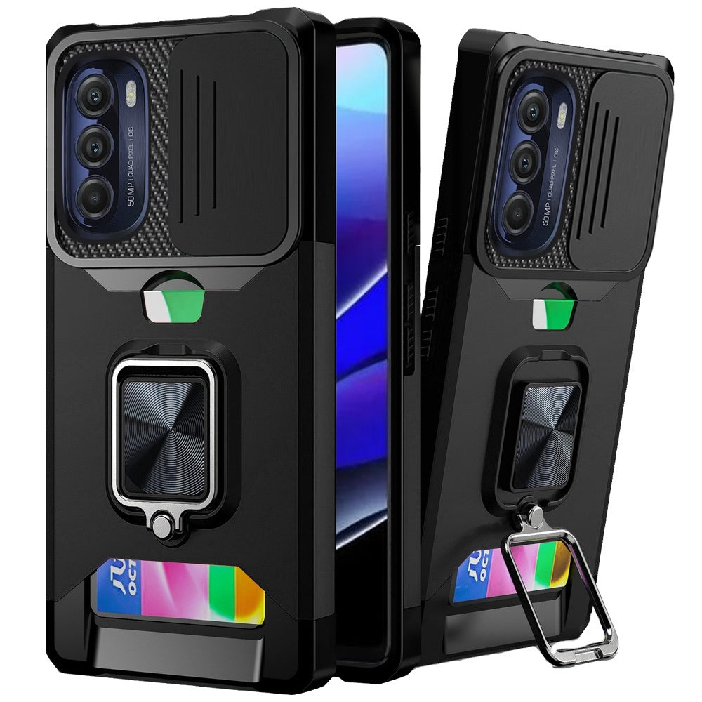 For Motorola Moto G Stylus 5G 2022 Wallet Case with Ring Stand & Slide Camera Cover Credit Card Holder Hard Shockproof  Phone Case Cover