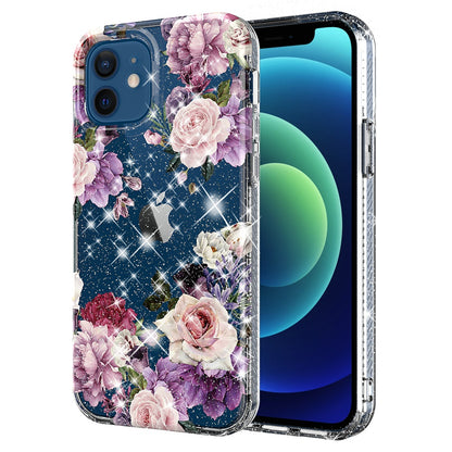 For Apple iPhone 12 / Pro Max Slim Hybrid Shiny Glitter Clear Floral Pattern Bloom Flower Design TPU Gel Hard PC Back  Phone Case Cover
