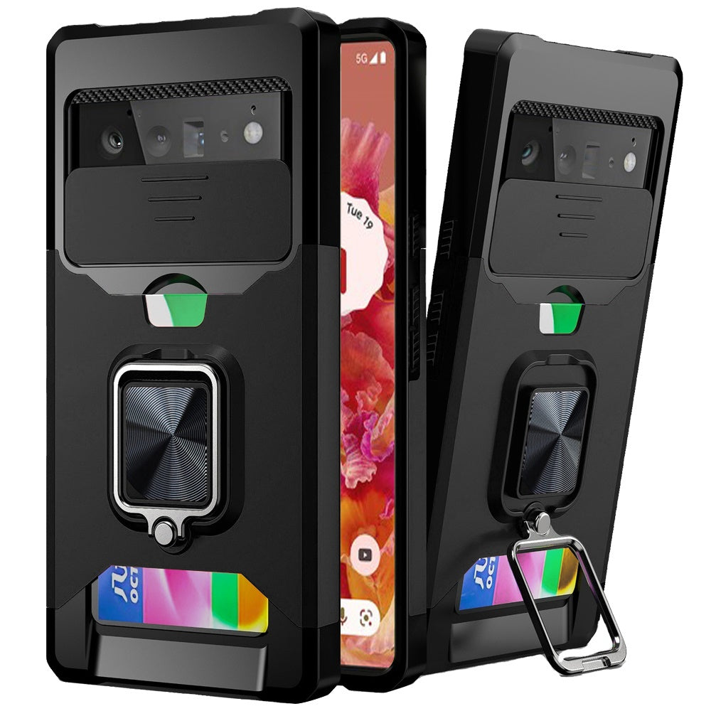 For Google Pixel 6 /6 Pro Wallet Case with Ring Stand & Slide Camera Cover Credit Card Holder, Military Grade Hard Shockproof Protective  Phone Case Cover