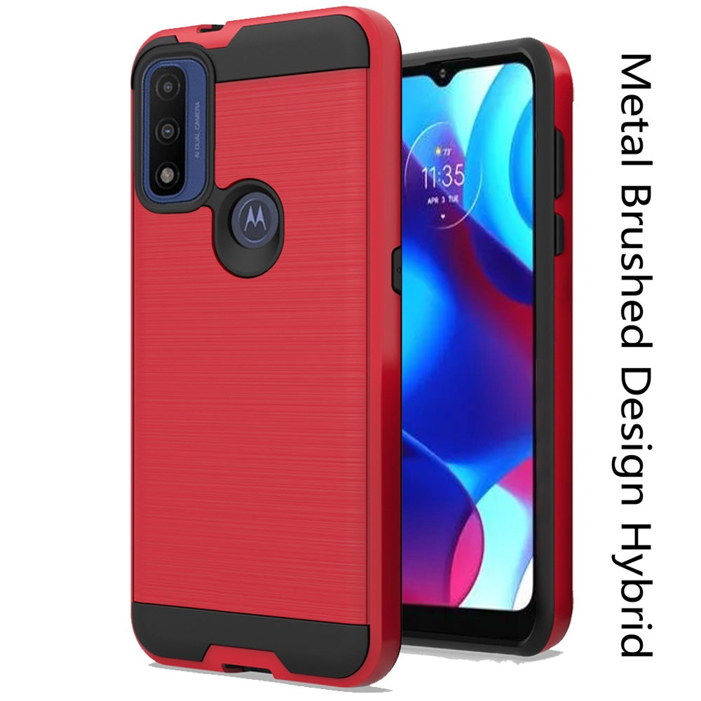For Motorola Moto G Pure Hybrid Rugged Brushed Metallic Design [Soft TPU + Hard PC] Dual Layer Shockproof Armor Impact Slim Red Phone Case Cover