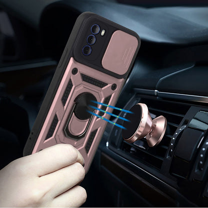 For Motorola Moto G 5G 2022 Hybrid Ring Holder Kickstand with Slide Camera Lens Cover, Rugged Dual Layer Heavy Duty Rose Gold Phone Case Cover