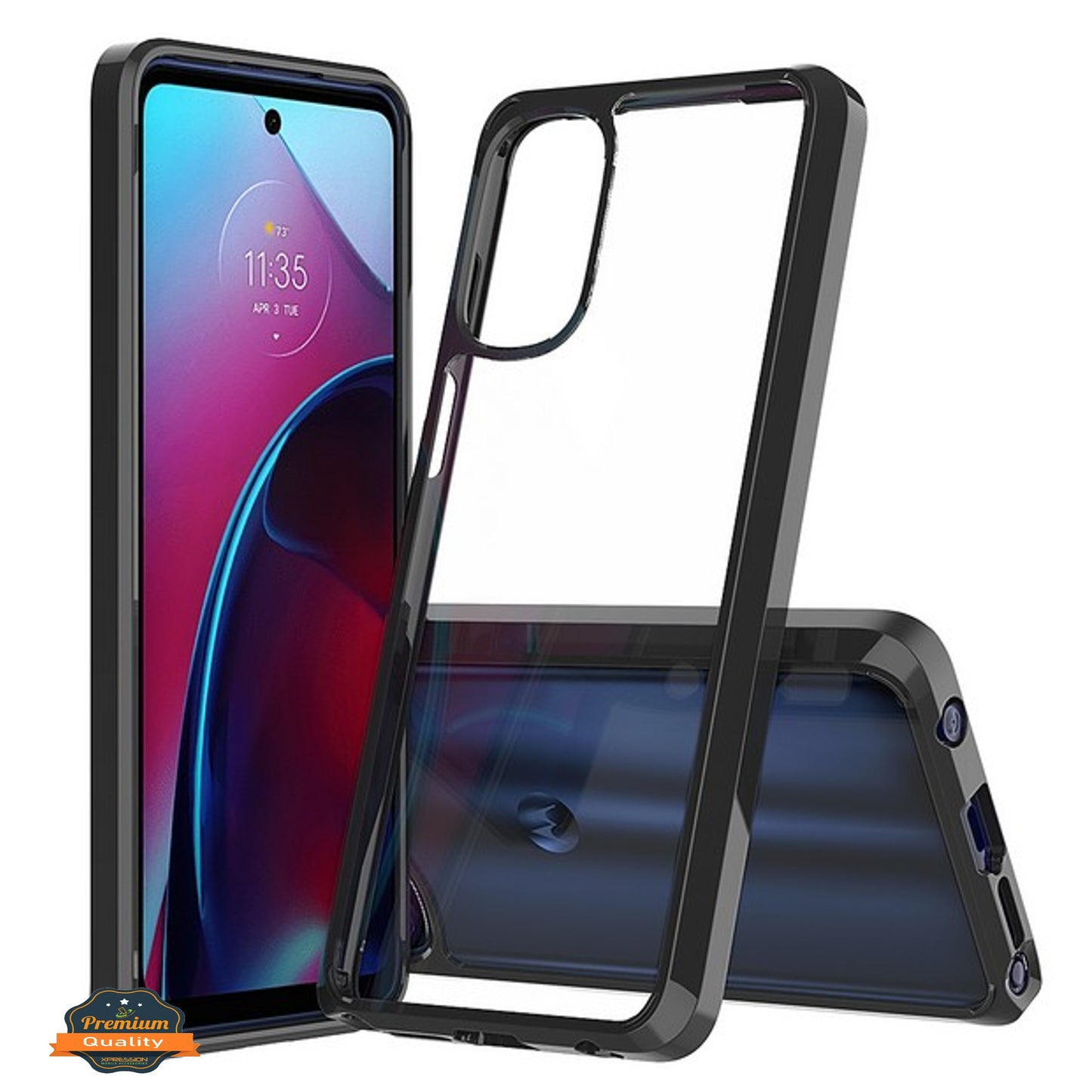 For Motorola Edge 2021 Crystal HD Clear Back Panel Hard PC + TPU Bumper Frame Hybrid Slim Thin Lightweight Shockproof Black Phone Case Cover