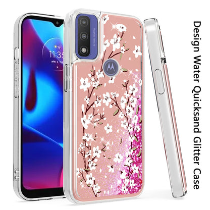 For Motorola Moto G Pure Floral Design Quicksand Water Flowing Liquid Floating Sparkle Glitter Bling Flower Fashion Hybrid Hard  Phone Case Cover
