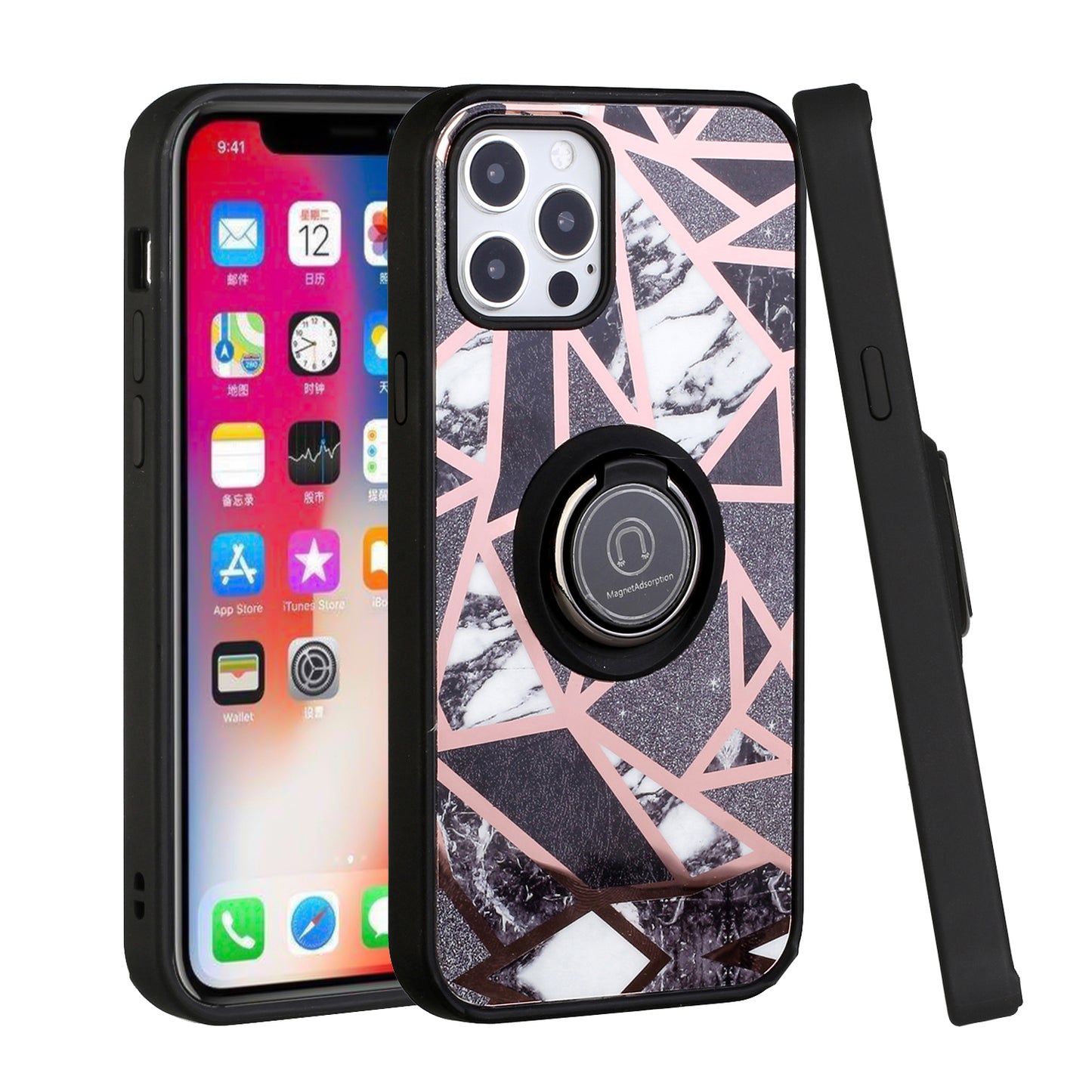 For Apple iPhone 13 /Pro Max Mini Unique Marble Design with Magnetic Ring Kickstand Holder Hybrid TPU Hard PC Shockproof Armor Bumper  Phone Case Cover