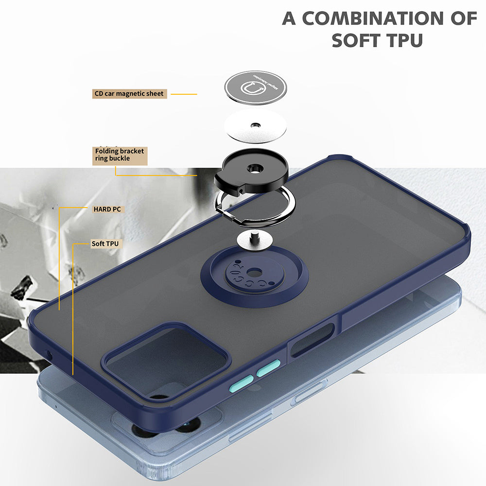 For T-Mobile Revvl 6 5G Hybrid Frosted Matte Hard Back PC + TPU Frame with Magnetic Ring Holder Stand Kickstand Black Phone Case Cover