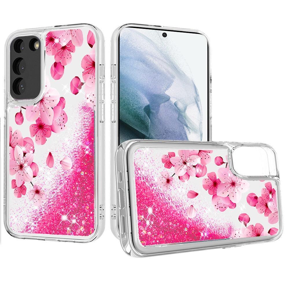 For Samsung Galaxy S22 /Plus Ultra Floral Design Quicksand Water Flowing Liquid Floating Colorful Glitter Bling Flower Fashion TPU Hybrid  Phone Case Cover