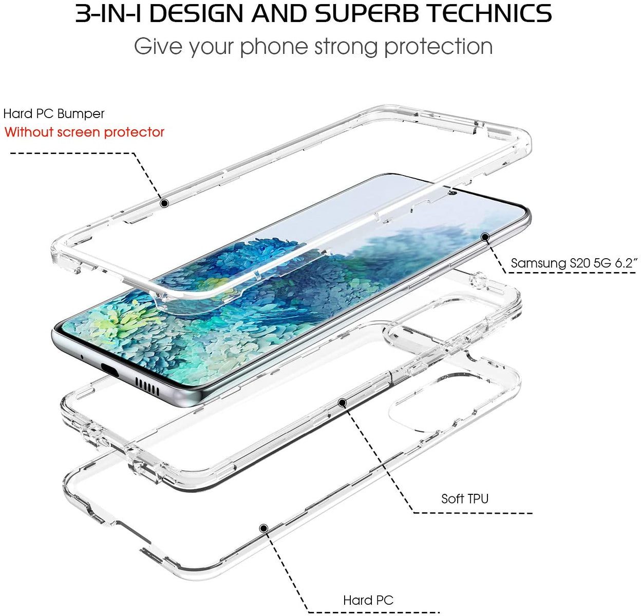 For Apple iPhone 13 Pro (6.1") Heavy Duty Rugged 3 in 1 Hybrid Shockproof Full Body Bumper Durable [Military Grade] Transparent Protective  Phone Case Cover