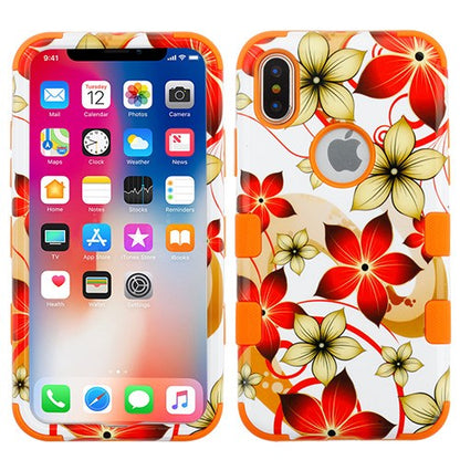 For Apple iPhone XS/X Hybrid Three Layer Hard PC Shockproof Heavy Duty TPU Rubber Anti-Drop Hibiscus Flower Orange Phone Case Cover