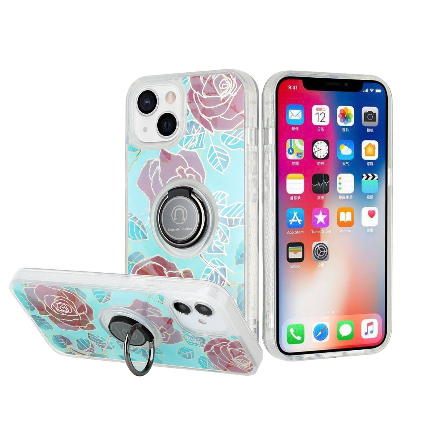 For Apple iPhone 11 (6.1") Flower Pattern IMD Design with Ring Kickstand Hybrid TPU Hard Back Shockproof  Phone Case Cover