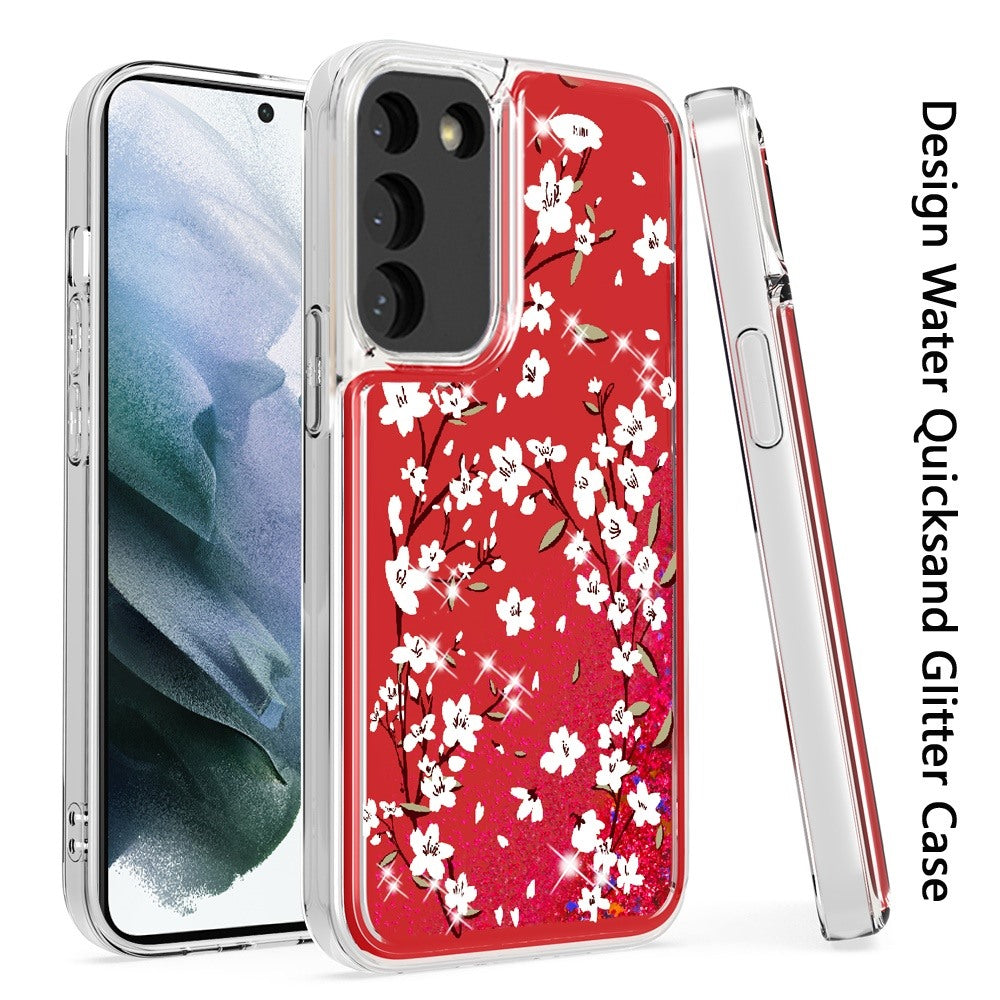 For Samsung Galaxy S22 /Plus Ultra Floral Design Quicksand Water Flowing Liquid Floating Colorful Glitter Bling Flower Fashion TPU Hybrid  Phone Case Cover