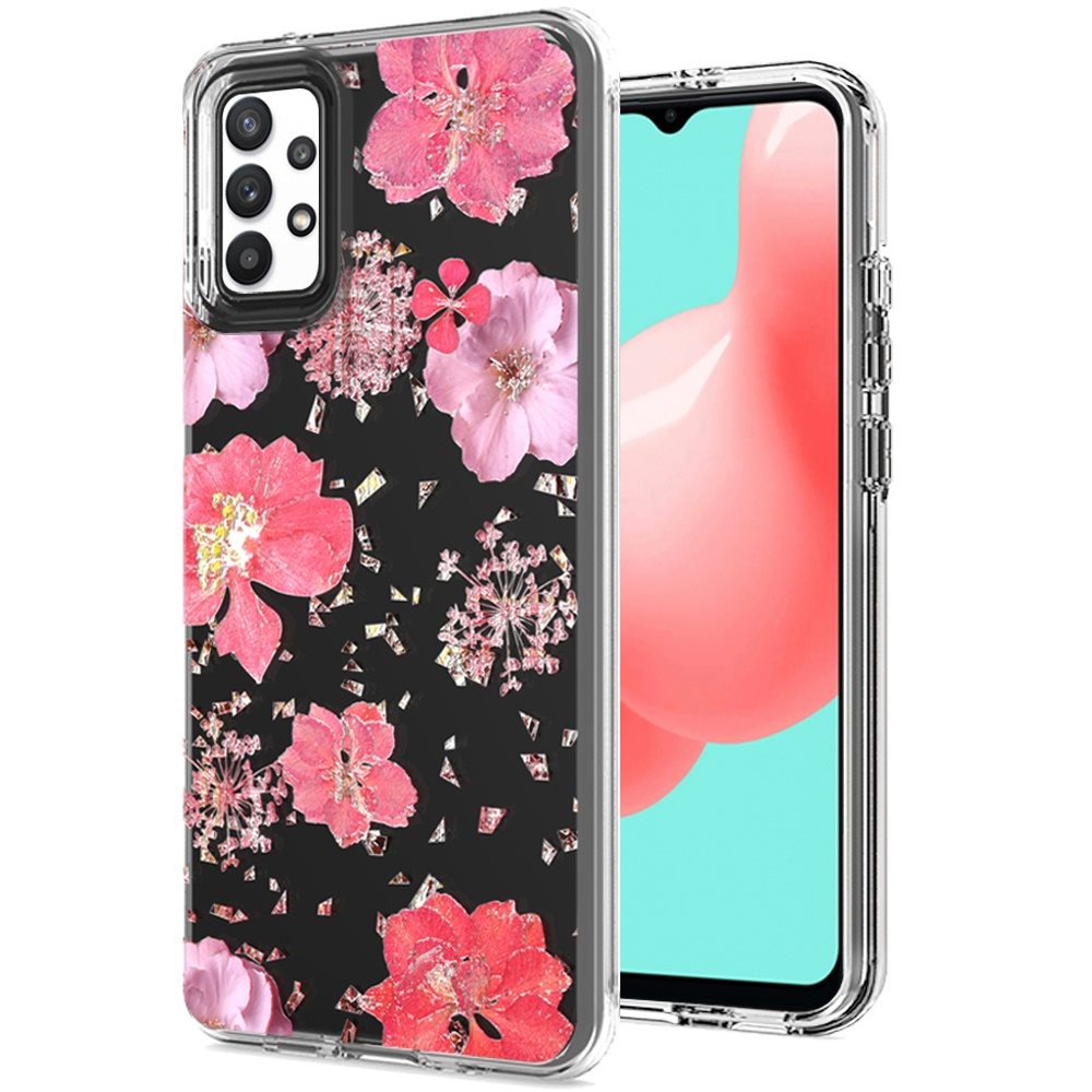 For Samsung Galaxy A33 5G Glitter Floral Print Pattern Clear Design Shockproof Hybrid Fashion Sparkle Rubber TPU Bumper  Phone Case Cover
