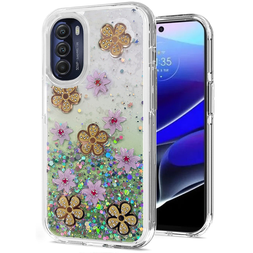 For Motorola Moto G Stylus 5G 2022 Floral Stylish Design Glitter Shiny Hybrid Rubber TPU Hard PC Shockproof Armor Slim  Phone Case Cover