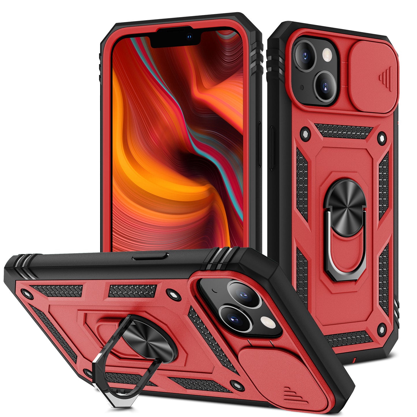 For Apple iPhone 14 (6.1") Hybrid Built-in 360° Rotate Magnetic Ring Stand with Camera Protection Heavy Duty Shockproof Red Black Phone Case Cover