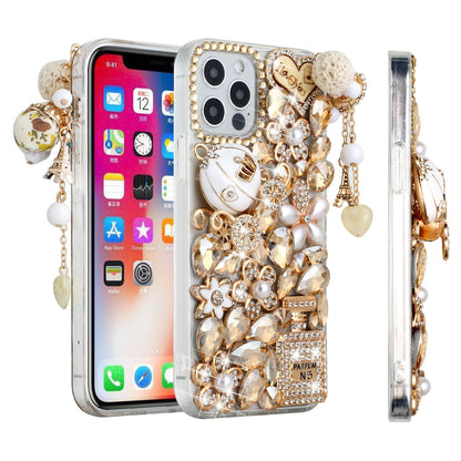 For Apple iPhone 12 /12 Pro (6.1") Bling Crystal 3D Full Diamonds Pearl Luxury Sparkle Rhinestone Glitter Hybrid Ultimate Multi Ornament Gold Phone Case Cover