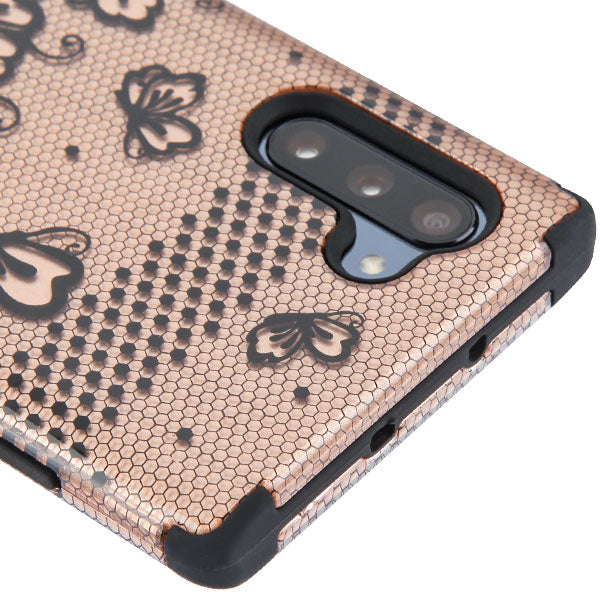 For Samsung Galaxy S10 5G (6.7") Hybrid Three Layer Hard PC Shockproof Heavy Duty TPU Rubber Anti-Drop Rose Gold Lace Flowers Phone Case Cover