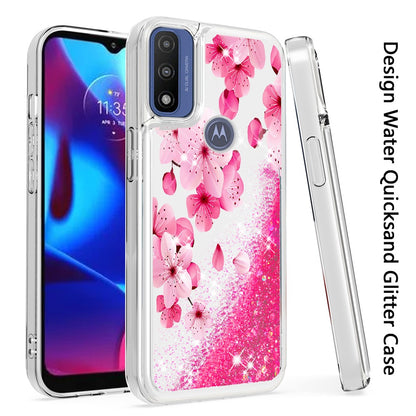 For Motorola Moto G Pure Floral Design Quicksand Water Flowing Liquid Floating Sparkle Glitter Bling Flower Fashion Hybrid Hard  Phone Case Cover