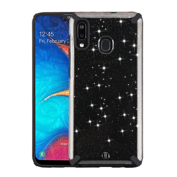 For Samsung Galaxy A20 Slim Fit Hybrid Dual Layer Shockproof Hard TPU Glitter Bling Design Black Phone Case Cover