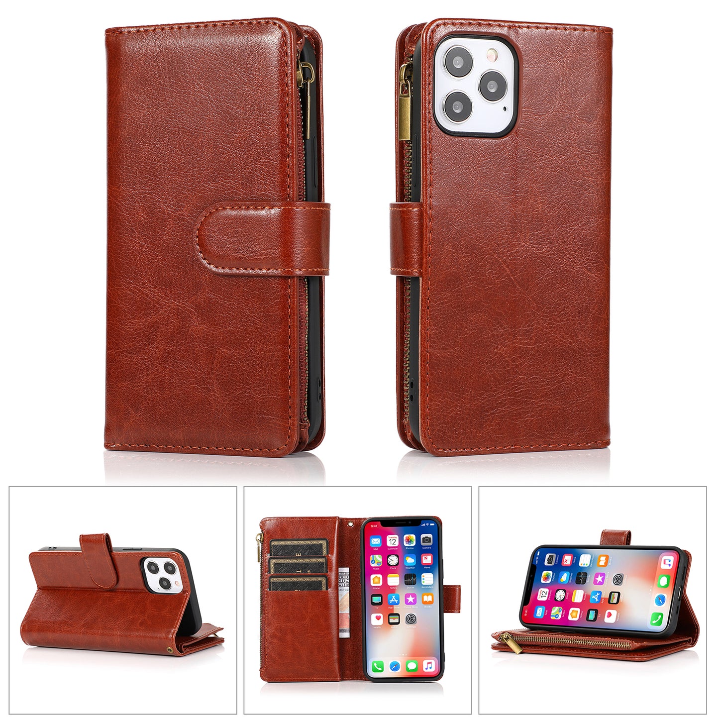 For Nokia G100 4G Leather Zipper Wallet Case 9 Credit Card Slots Cash Money Pocket Clutch Pouch with Stand & Strap  Phone Case Cover