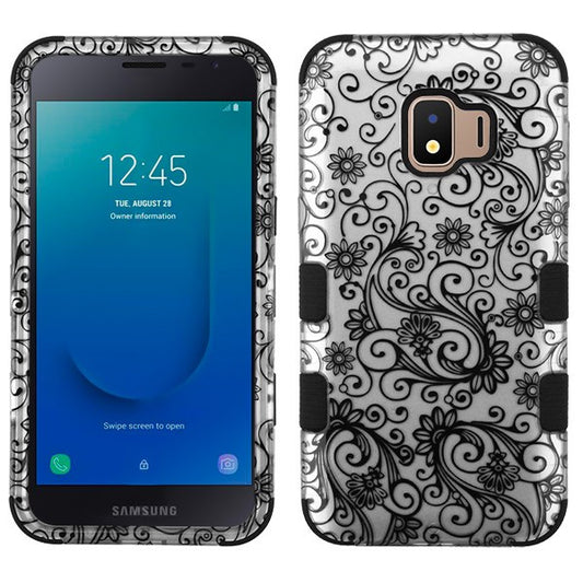 For Samsung Galaxy J2 /J2 Core/J2 Dash/J2 Pure Hybrid Three Layer Hard PC Shockproof Heavy Duty TPU Rubber Anti-Drop Black Lace Flowers Phone Case Cover