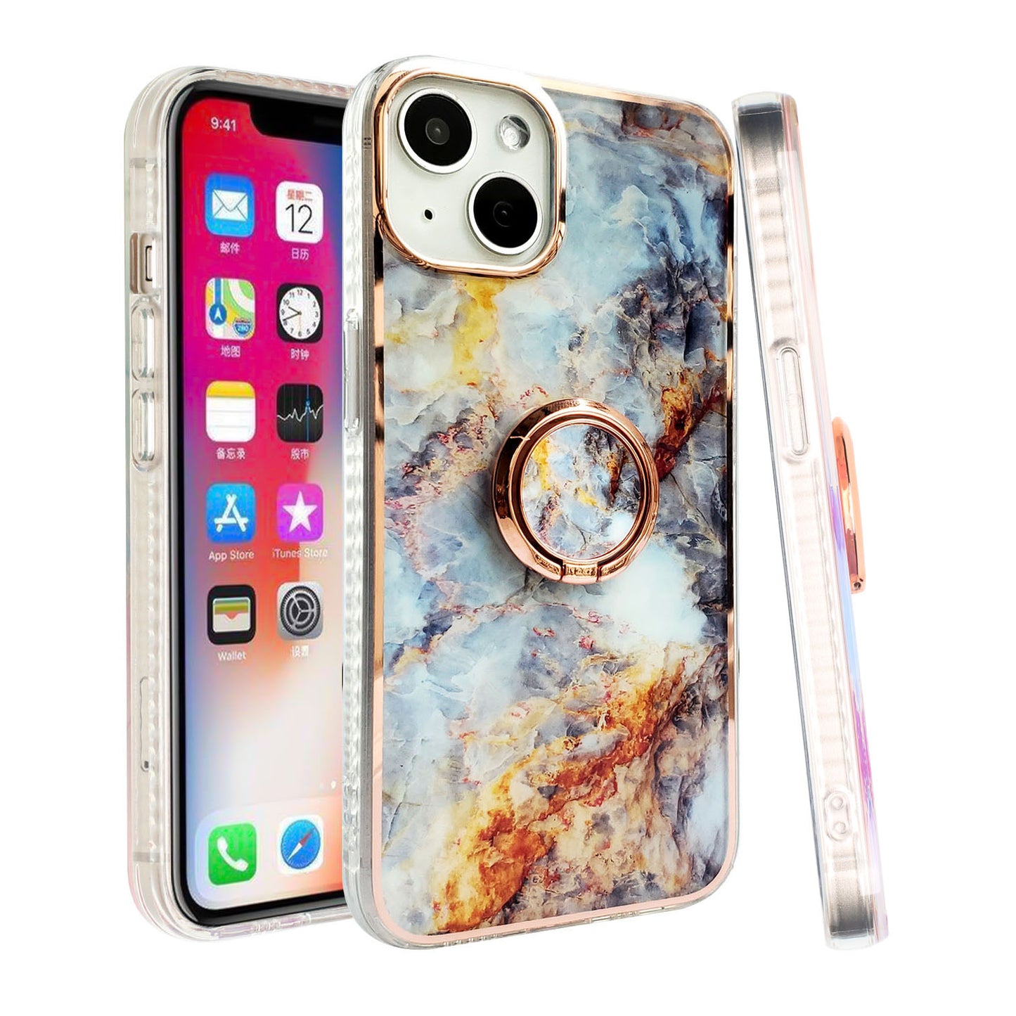 For Apple iPhone 14 (6.1") Pattern Fashion Design Chromed Edge IMD with Ring Kickstand Hybrid TPU Hard Back  Phone Case Cover
