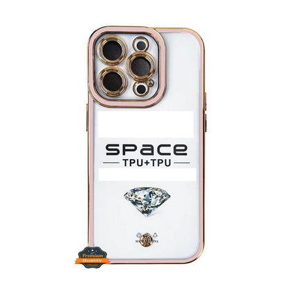 For Apple iPhone 14 /Plus Pro Max Golden Chrome Frame Transparent Hybrid with Lens Protector Shockproof PC Bumper  Phone Case Cover