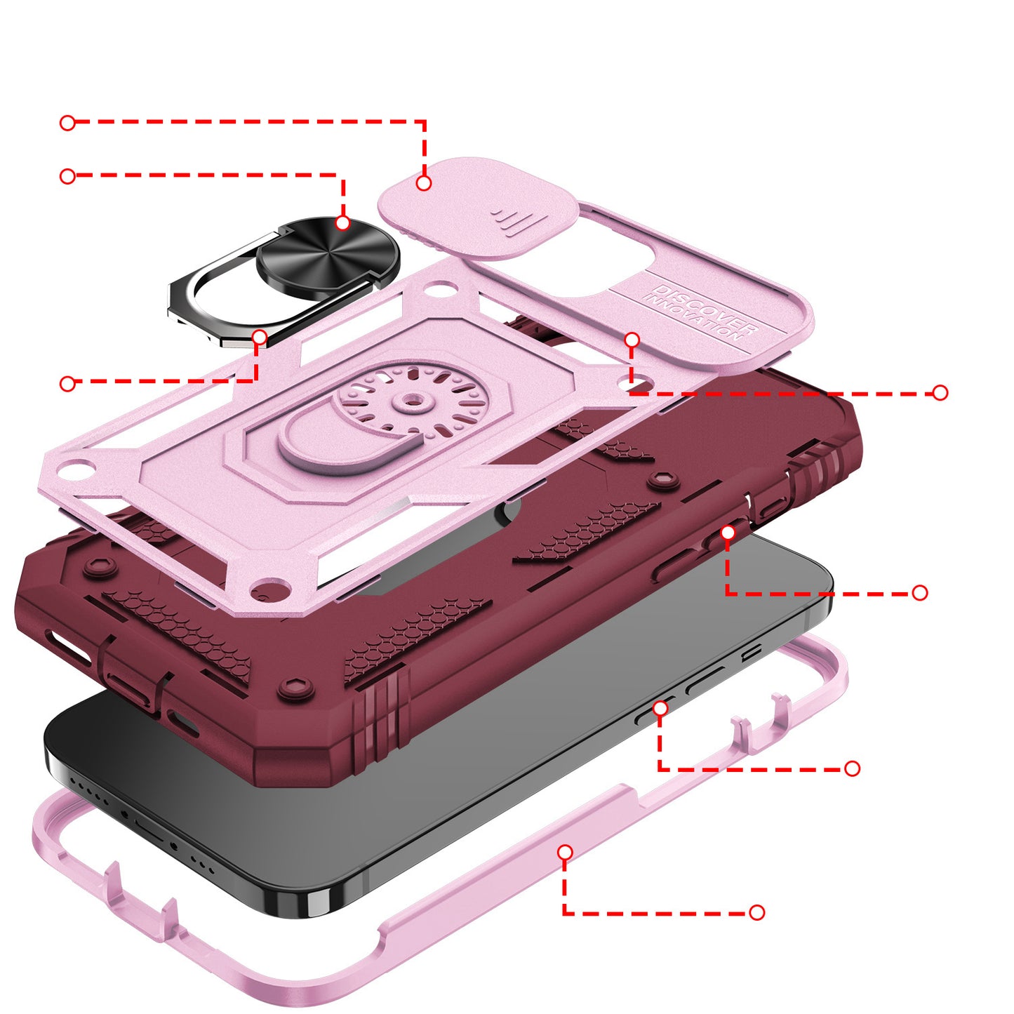 For Apple iPhone 14 (6.1") Hybrid Built-in 360° Rotate Magnetic Ring Stand with Camera Protection Heavy Duty Shockproof Pink Red Phone Case Cover