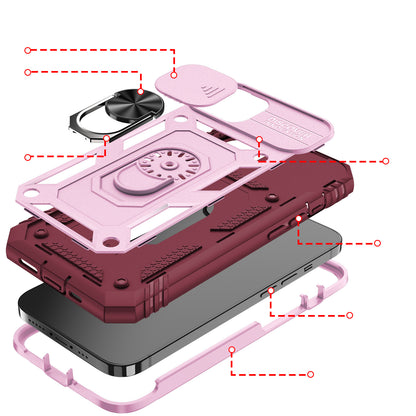 For Apple iPhone 14 (6.1") Hybrid Built-in 360° Rotate Magnetic Ring Stand with Camera Protection Heavy Duty Shockproof Pink Red Phone Case Cover