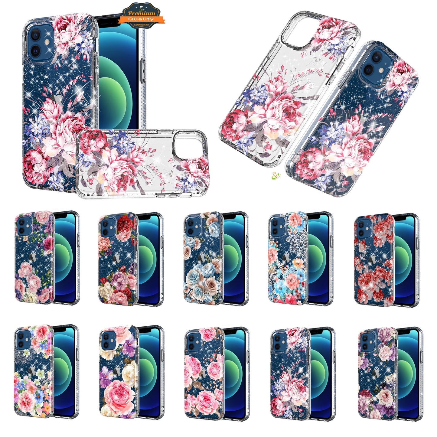 For Apple iPhone XR Stylish Slim Hybrid Shiny Glitter Clear Floral Pattern Bloom Flower Design TPU Gel Hard PC Back  Phone Case Cover