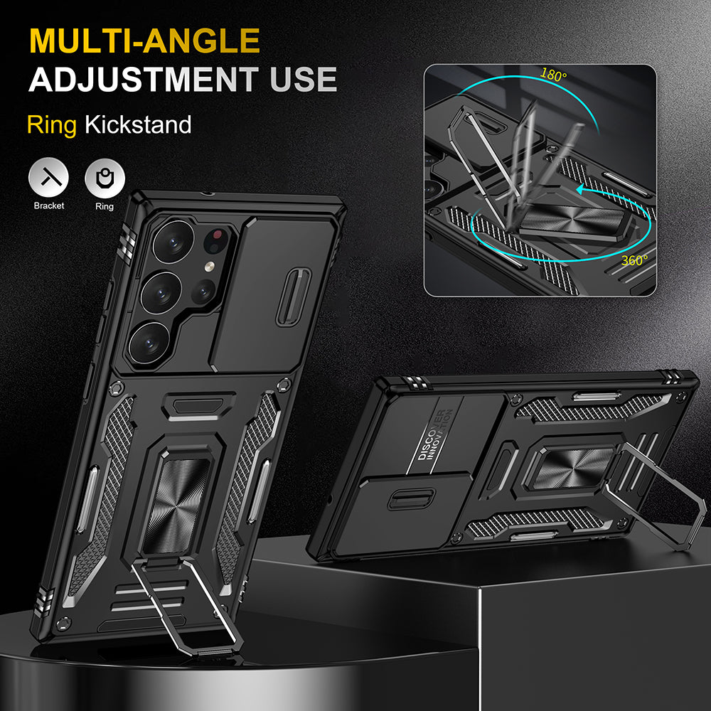 For Samsung Galaxy S23 /Plus /Ultra Hybrid Slide Camera Protection & Built-in 360° Rotate Ring Stand, Heavy Duty Military Grade  Phone Case Cover