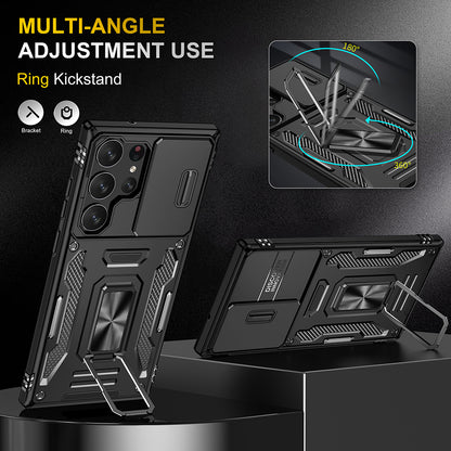 For Samsung Galaxy S23 /Plus /Ultra Hybrid Slide Camera Protection & Built-in 360° Rotate Ring Stand, Heavy Duty Military Grade  Phone Case Cover