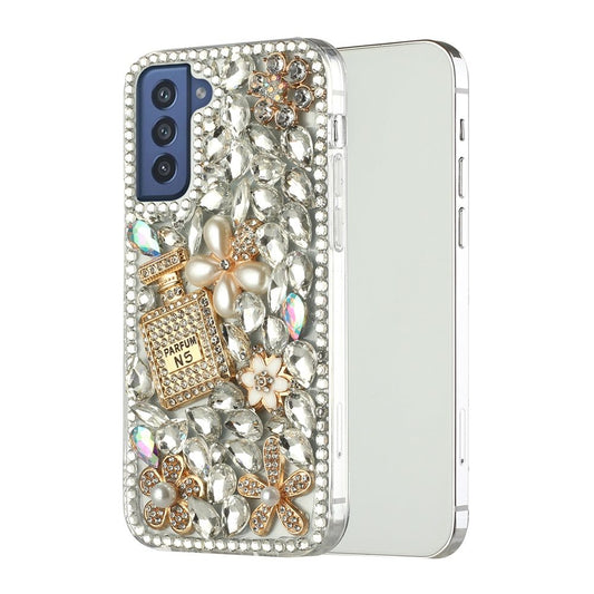 For Samsung Galaxy S21 Plus Bling Clear Crystal 3D Full Diamonds Luxury Sparkle Rhinestone Hybrid Protective Pearl Flowers Perfume Phone Case Cover