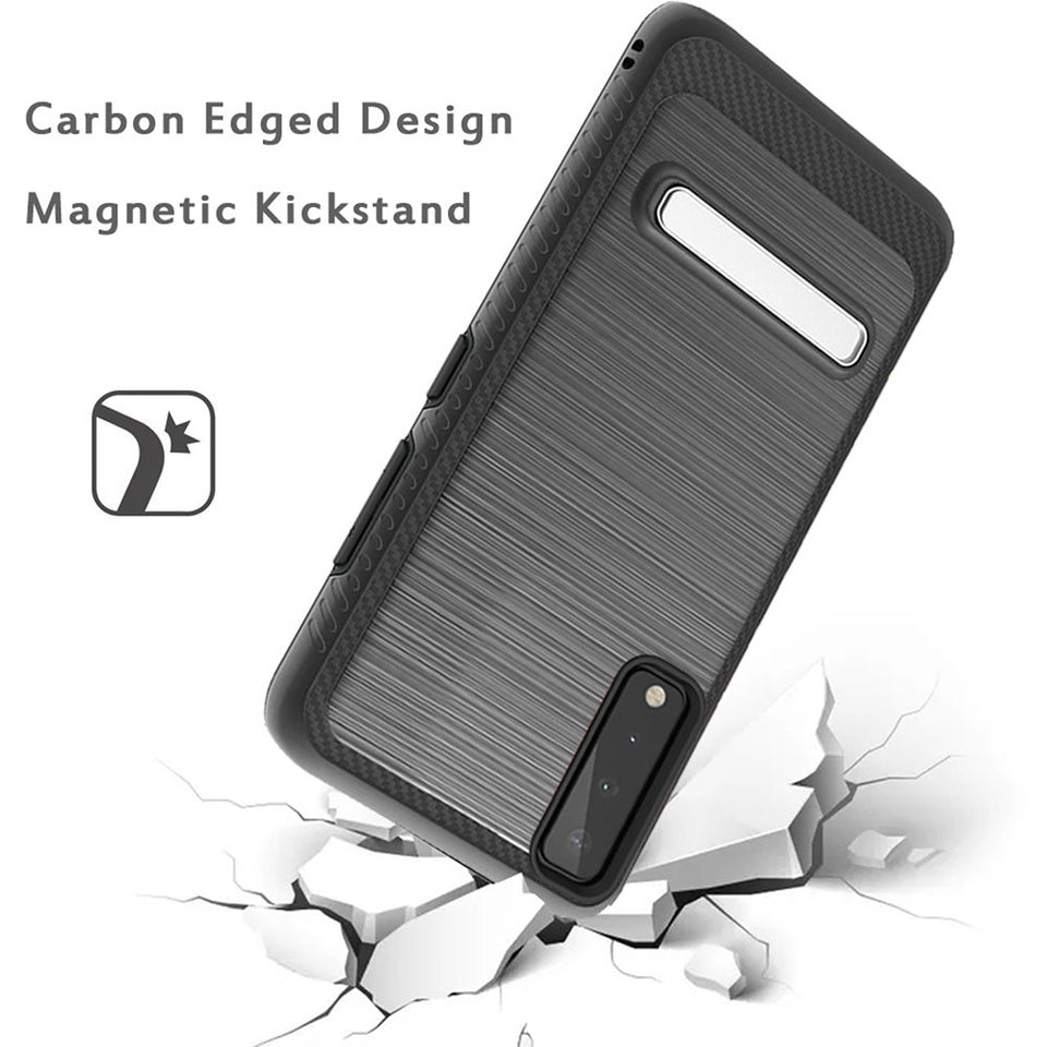 For Apple iPhone 13 Pro Max (6.7") Slim Brushed Hybrid Shock-Absorption Armor Edged Carbon Fiber with Metal Kickstand Rugged Texture  Phone Case Cover