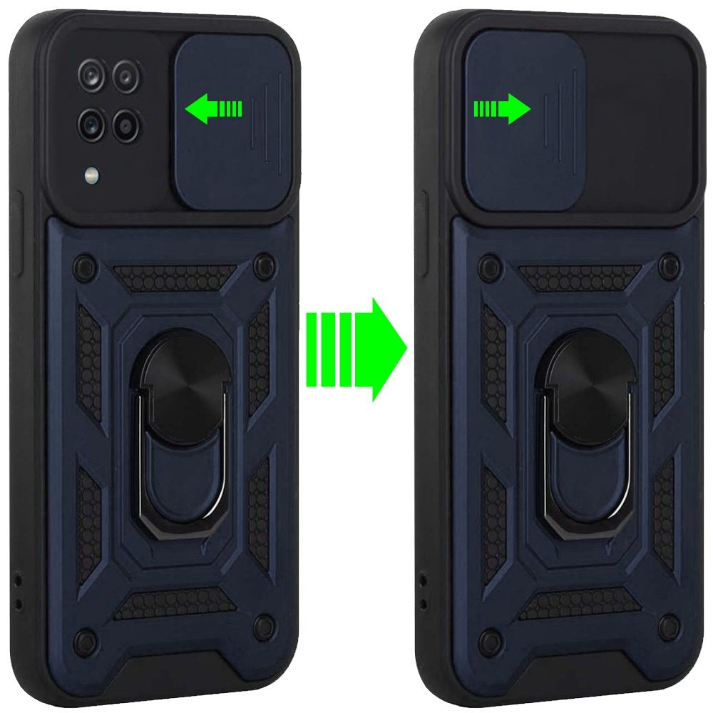 For Samsung Galaxy A12 5G Hybrid Cases with Slide Camera Lens Cover and Ring Holder Kickstand Rugged Dual Layer Heavy Duty Hard  Phone Case Cover
